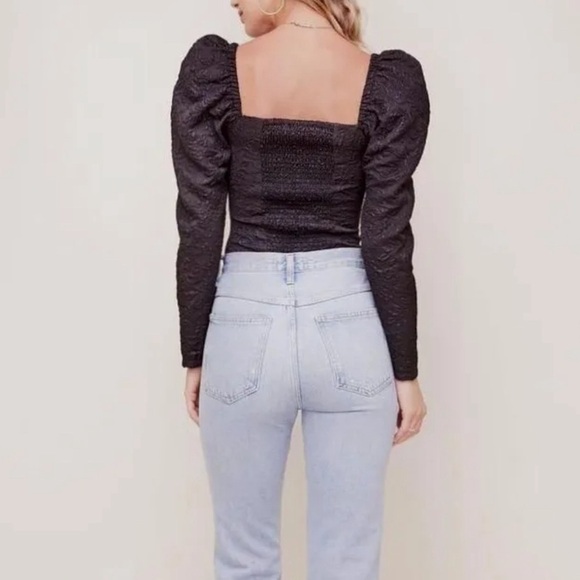 ASTR the Label Remi Puff Sleeve Jacquard Black floral sparkle top women small - Picture 9 of 9